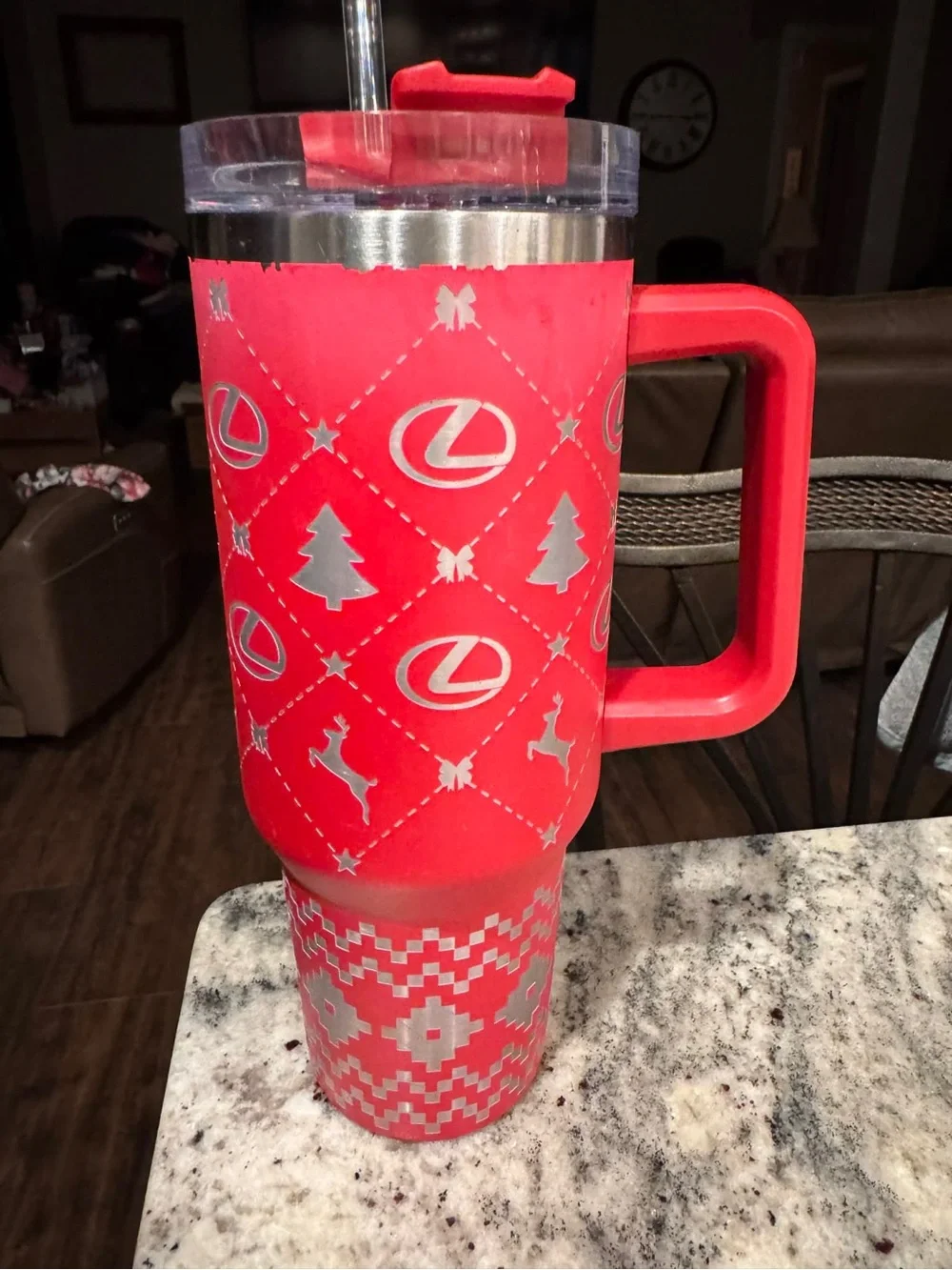 40oz Hand Crafted Red and Silver Holiday Travel Mug with Handle